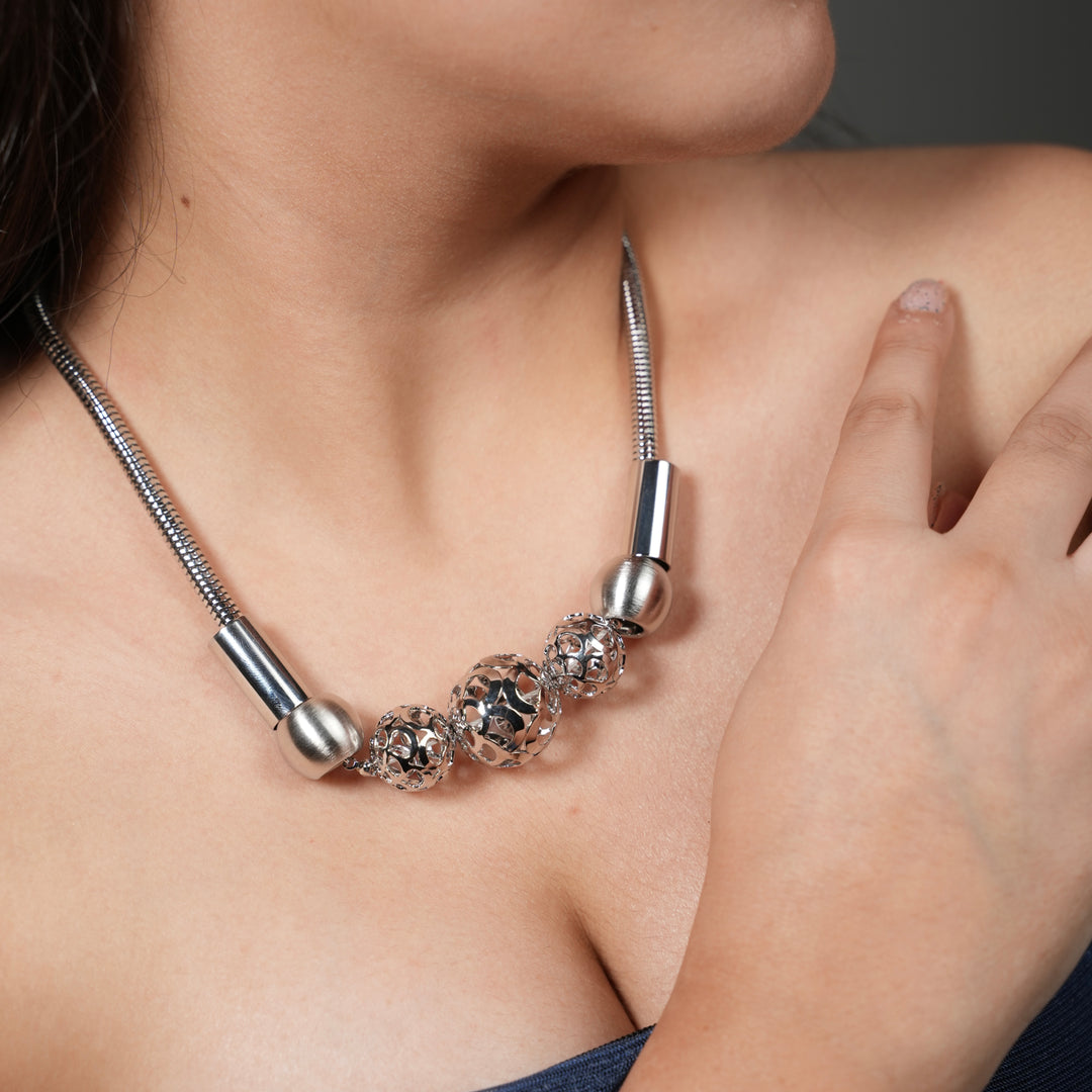 Statement Sculptural Silver-Tone Bead Choker Necklace