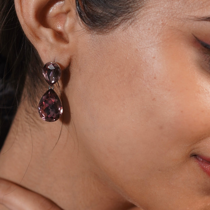 Double Teardrop Crystal Earrings – Elegant Drop Studs in Blue, Pink & Clear