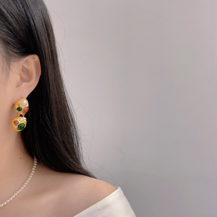 Vintage Jewel Drop Earrings – Colorful Cabochons on Gold