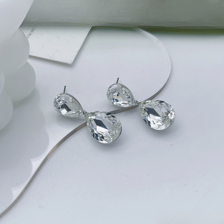 Double Teardrop Crystal Earrings – Elegant Drop Studs in Blue, Pink & Clear