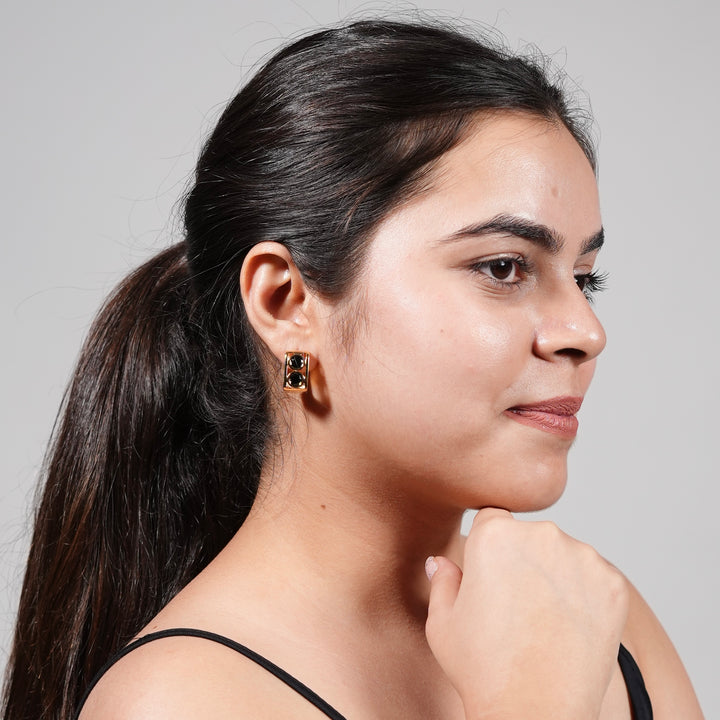 Bold Emerald Double Stone Gold Huggie Hoop Earrings