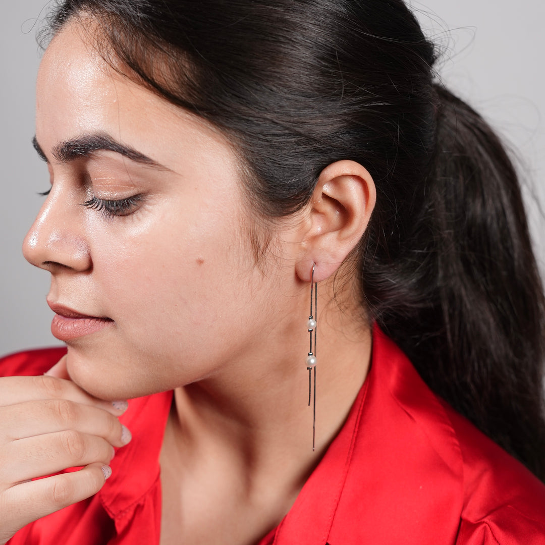 Linear Pearl Threader Earrings – Gold & Silver Drape Chain Design