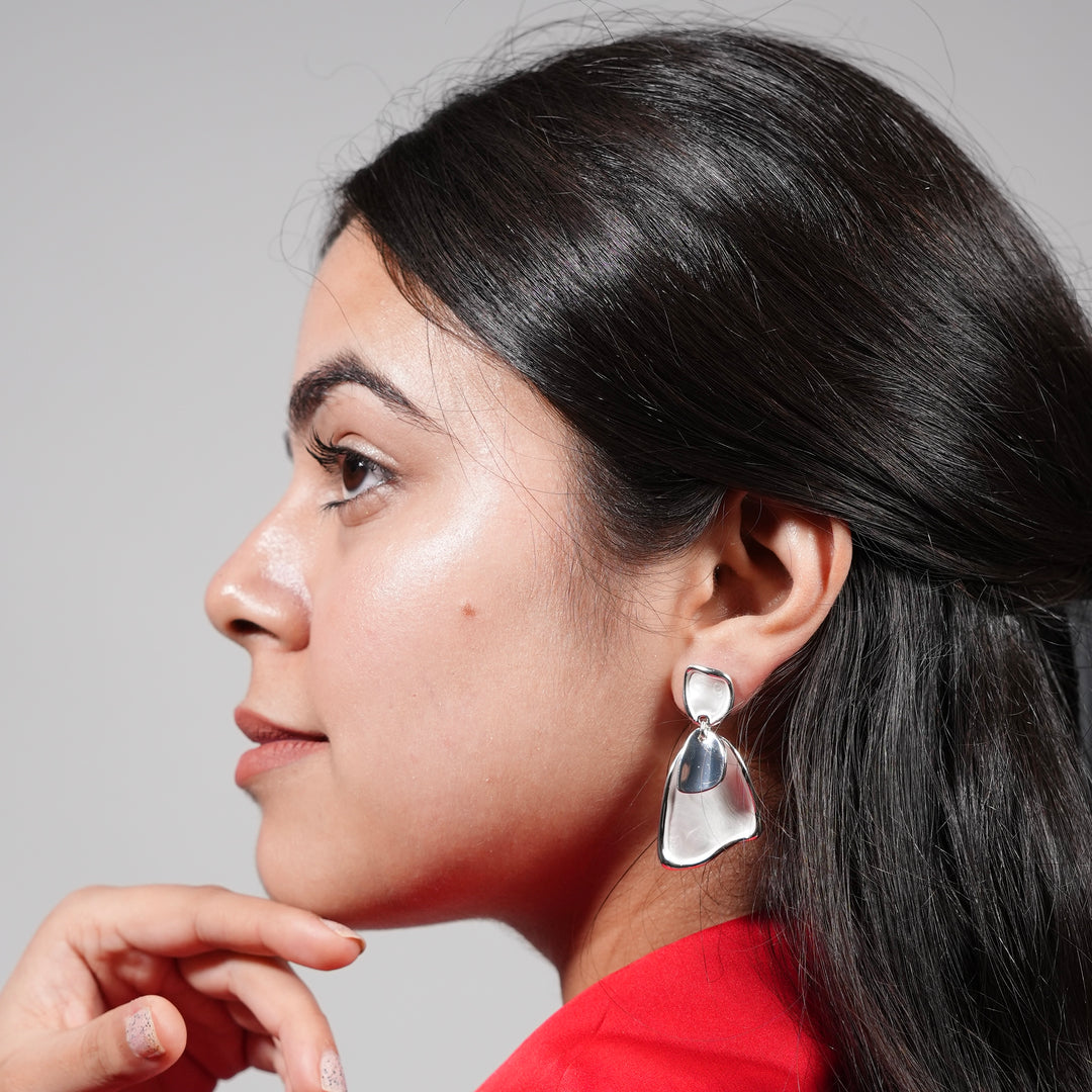 Sculpted Abstract Drop Earrings – Silver Fluid Form Statement Studs