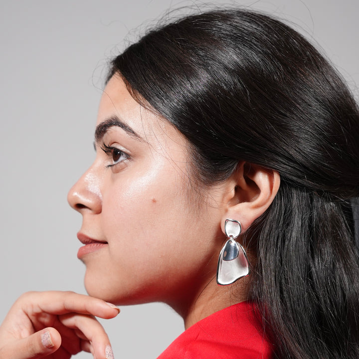 Sculpted Abstract Drop Earrings – Silver Fluid Form Statement Studs