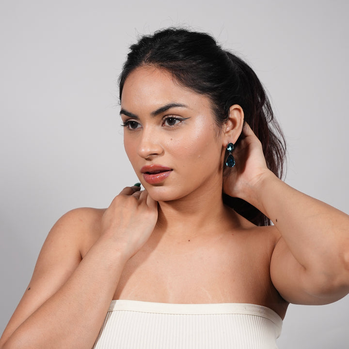 Double Teardrop Crystal Earrings – Elegant Drop Studs in Blue, Pink & Clear