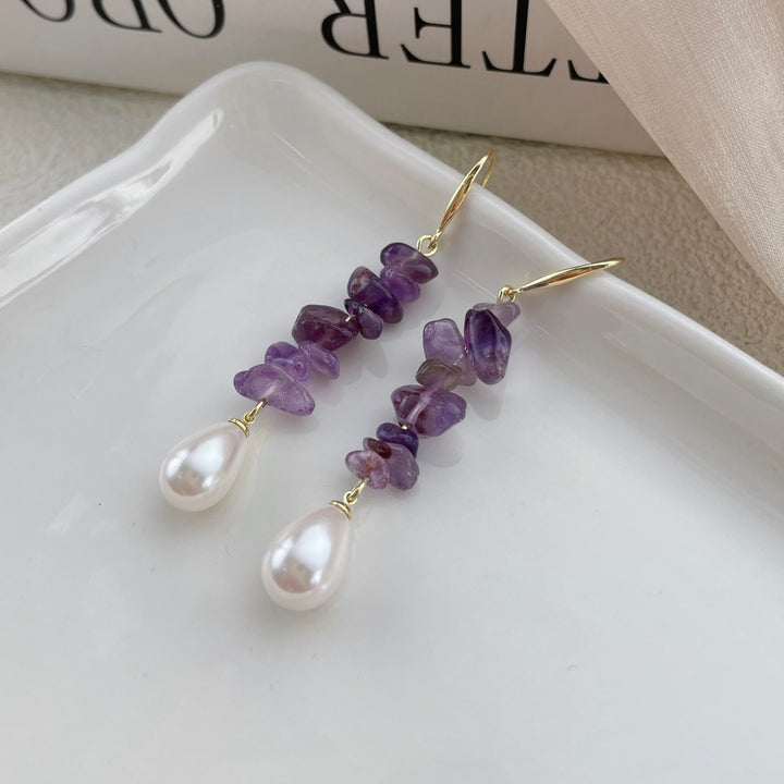 Gemstone & Pearl Drop Earrings – Gold Hook in Amethyst, Green Aventurine & Rose Quartz