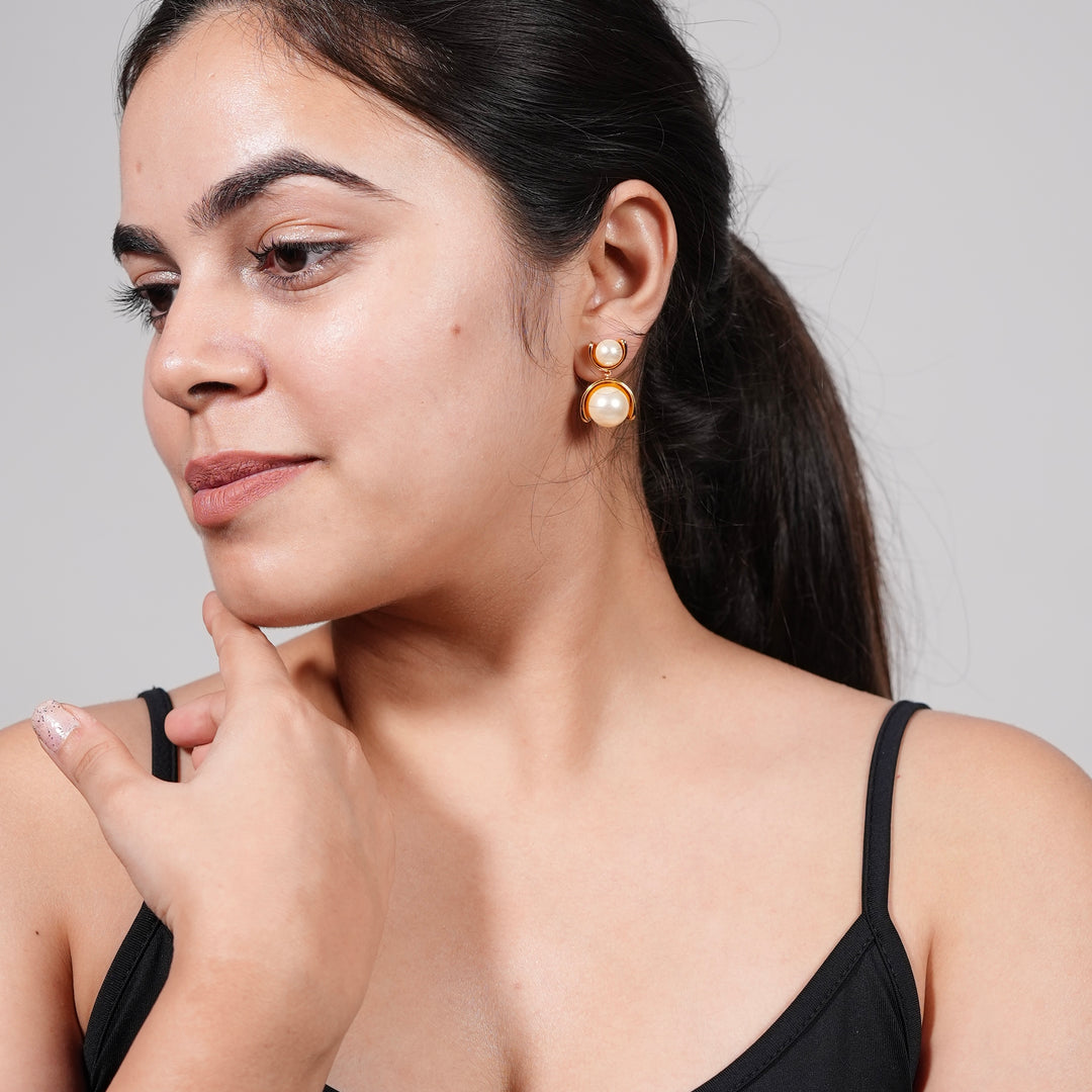 Double Pearl Drop Earrings – Gold Minimal Frame Studs