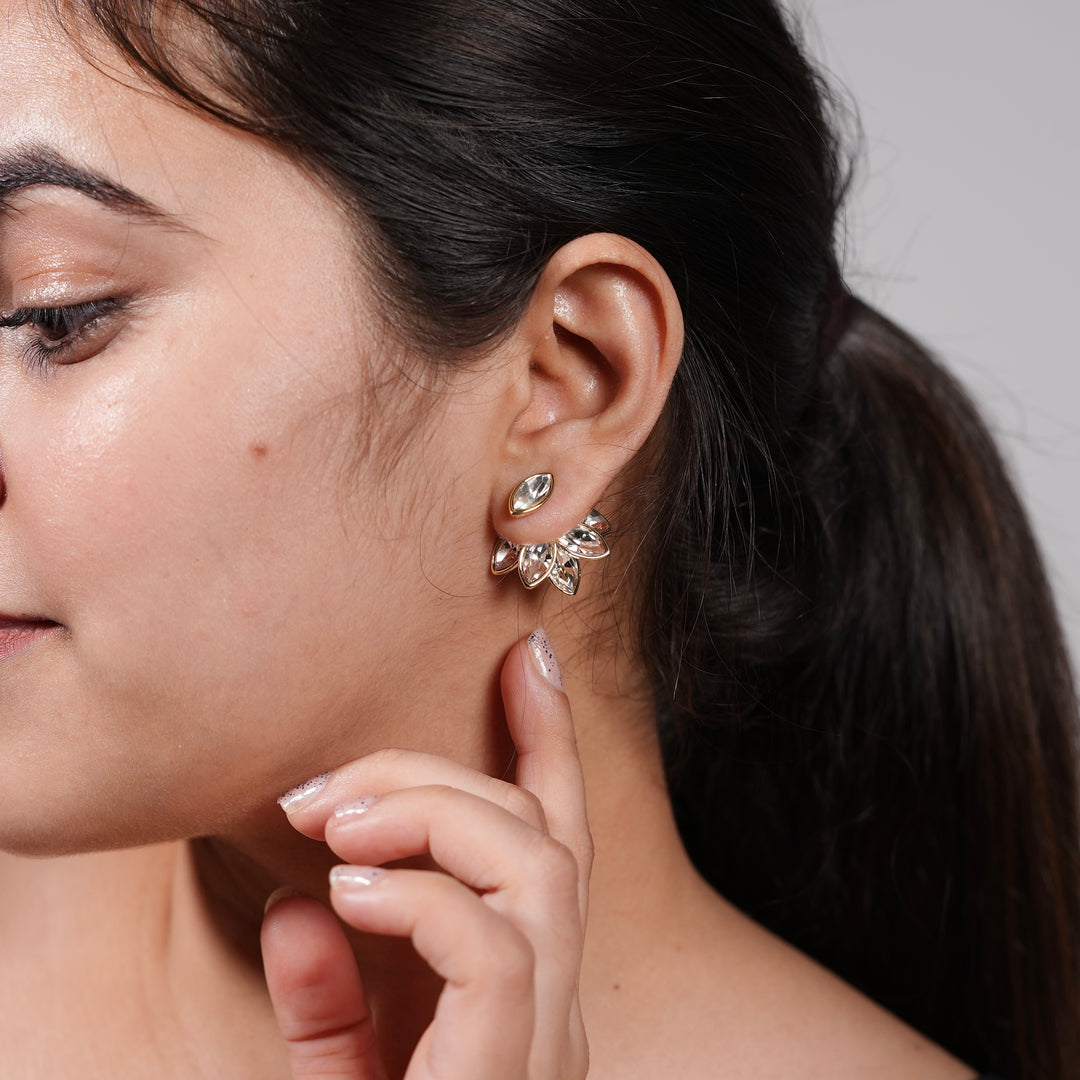 Crystal Leaf Cluster Stud Earrings – Gold Bloom Design in Blue & Silver