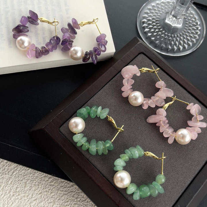Gemstone Hoop Pearl Earrings – Amethyst, Rose Quartz & Aventurine