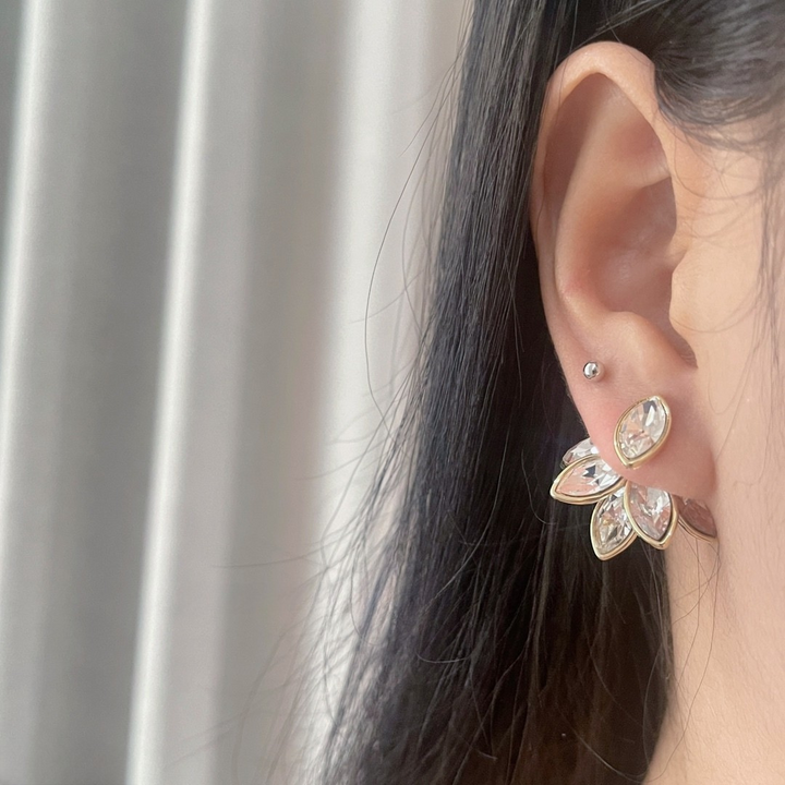 Crystal Leaf Cluster Stud Earrings – Gold Bloom Design in Blue & Silver