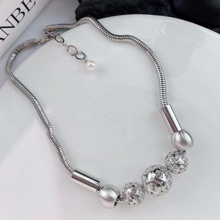 Statement Sculptural Silver-Tone Bead Choker Necklace
