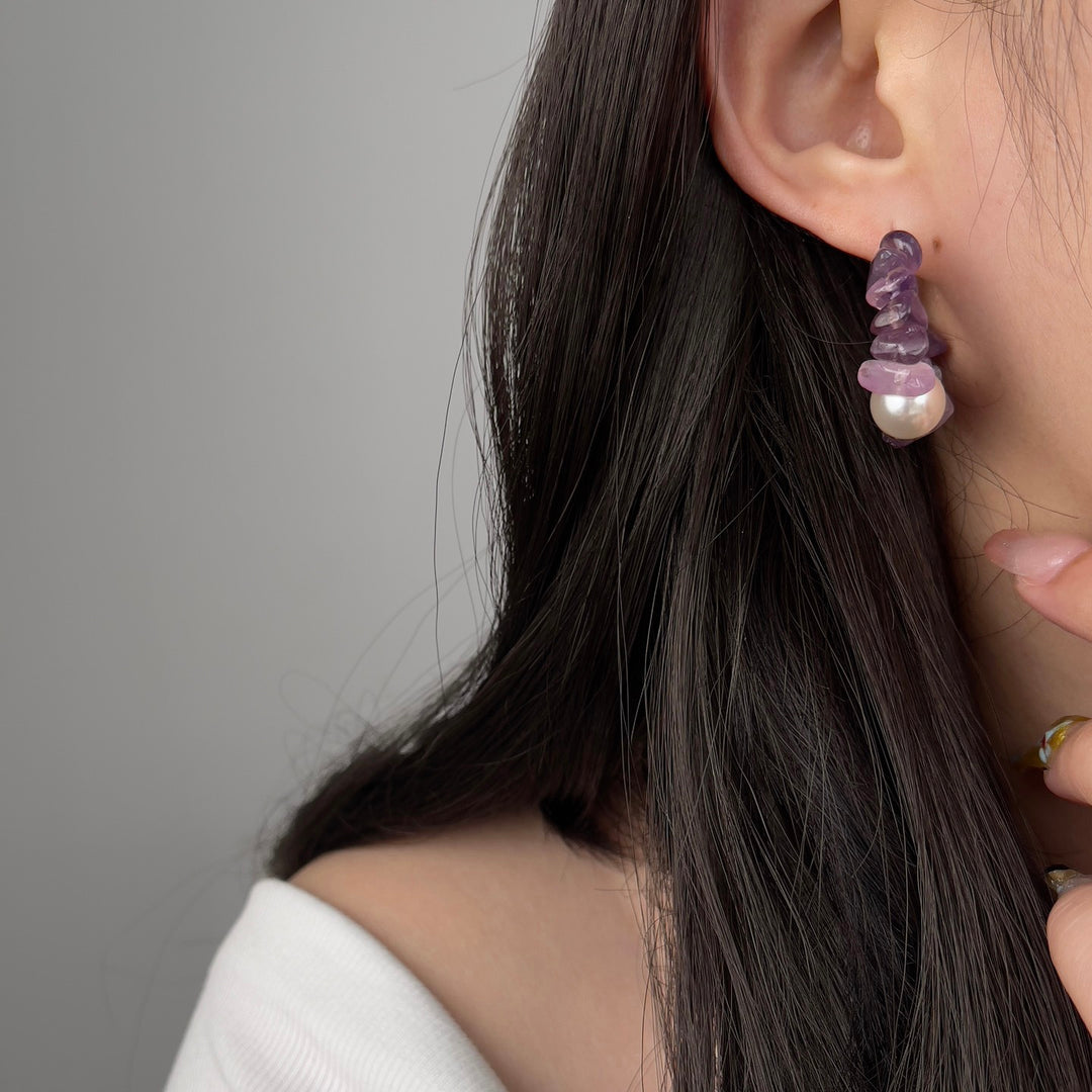 Gemstone Hoop Pearl Earrings – Amethyst, Rose Quartz & Aventurine