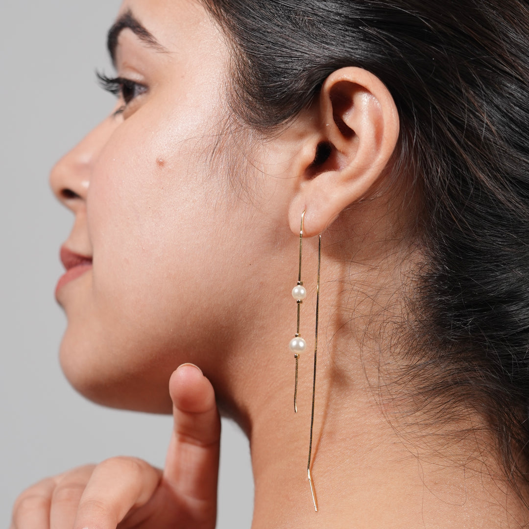 Linear Pearl Threader Earrings – Gold & Silver Drape Chain Design
