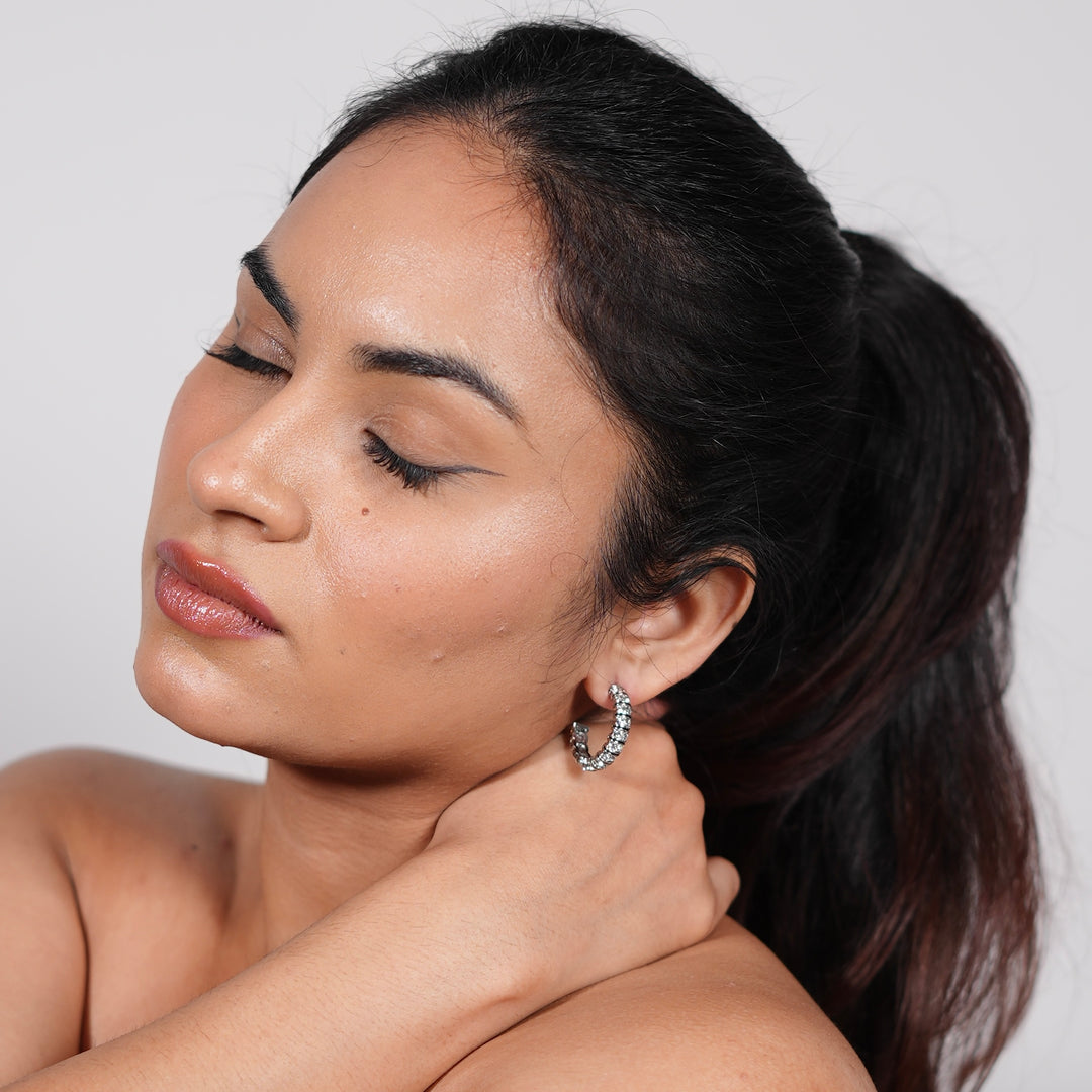 Silver Segment Hoop Earrings with Crystal Accents – Elegant Daily Wear
