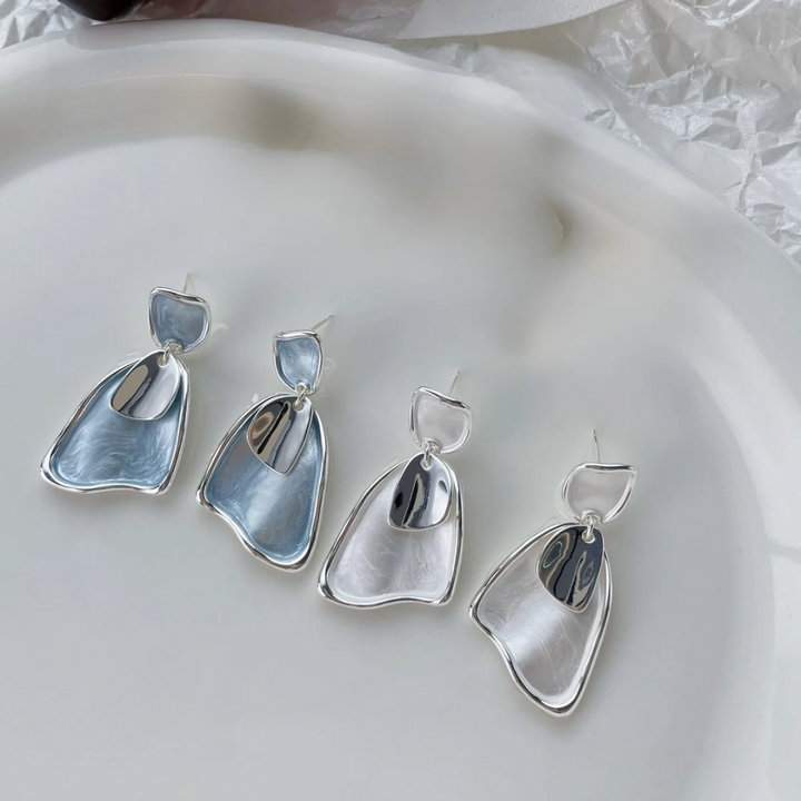 Sculpted Abstract Drop Earrings – Silver Fluid Form Statement Studs