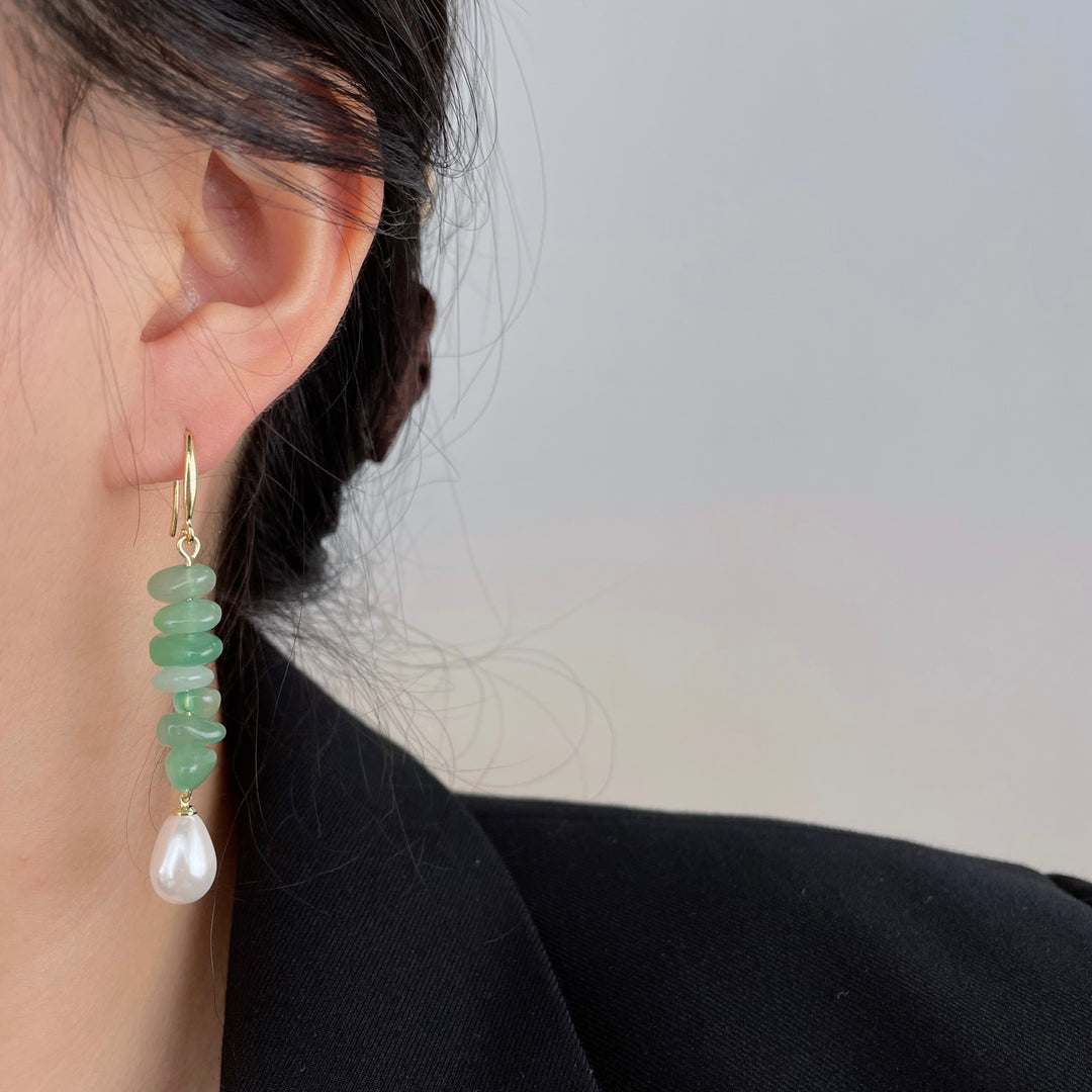 Gemstone & Pearl Drop Earrings – Gold Hook in Amethyst, Green Aventurine & Rose Quartz