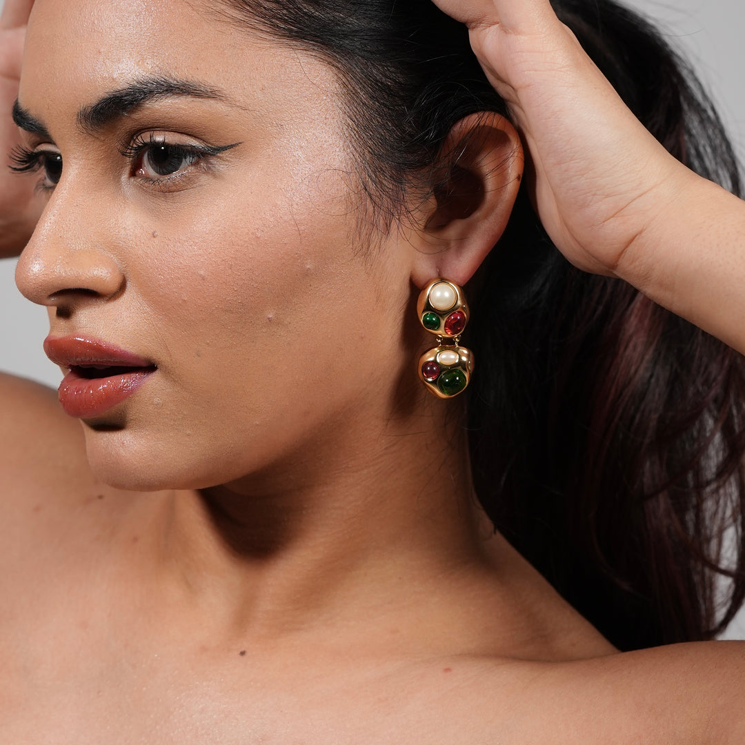 Vintage Jewel Drop Earrings – Colorful Cabochons on Gold