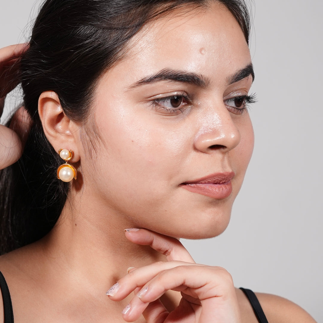 Double Pearl Drop Earrings – Gold Minimal Frame Studs