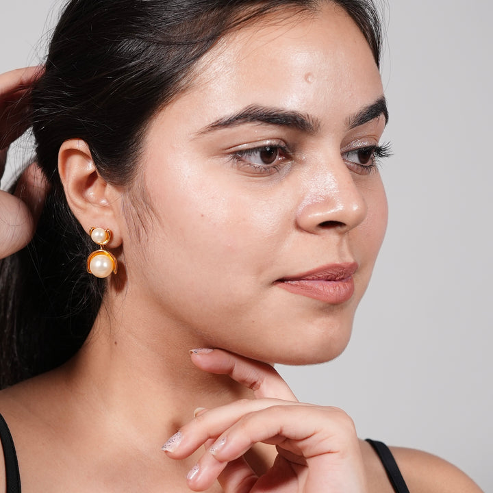Double Pearl Drop Earrings – Gold Minimal Frame Studs