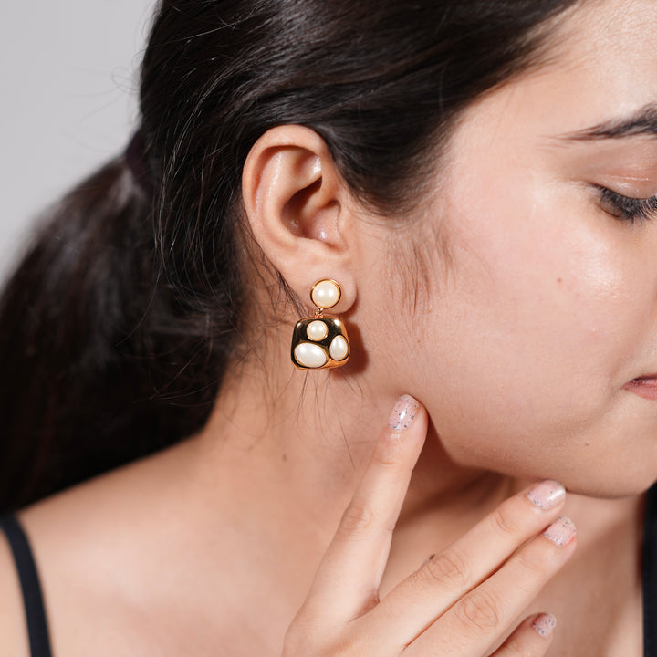 Molten Pearl Art Earrings – Sculpted Gold Drop Studs