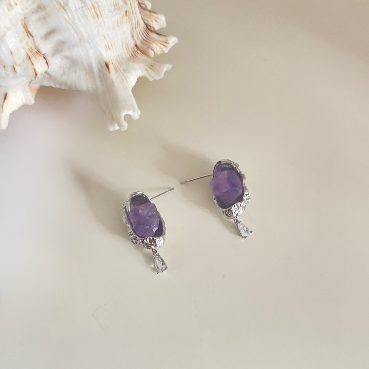 Raw Crystal Drop Earrings – Silver with Lavender Stone & Teardrop Accent