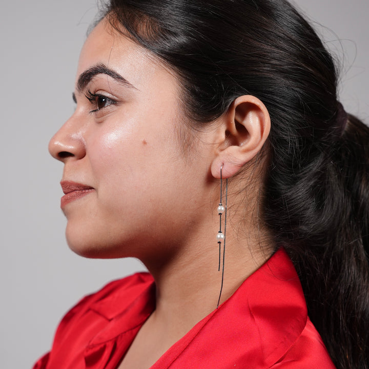 Linear Pearl Threader Earrings – Gold & Silver Drape Chain Design