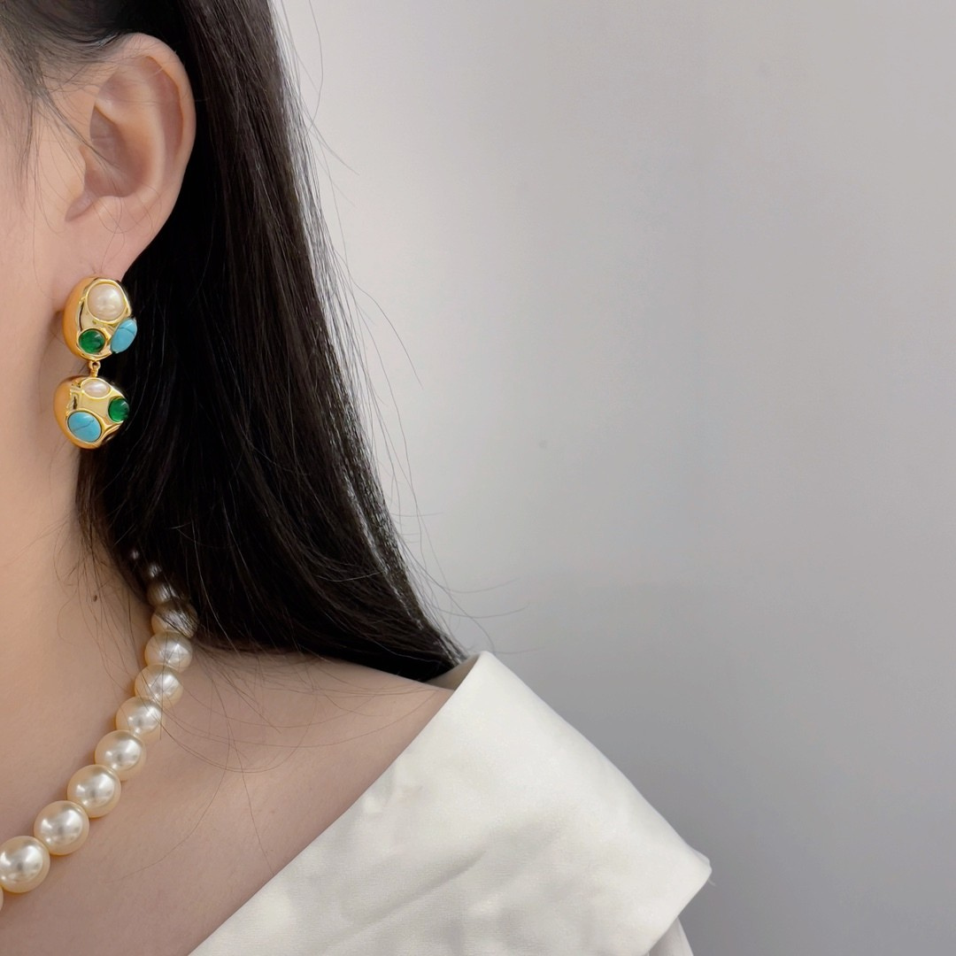 Vintage Mosaic Dual-Drop Earrings – Gold, Pearl & Turquoise Accents