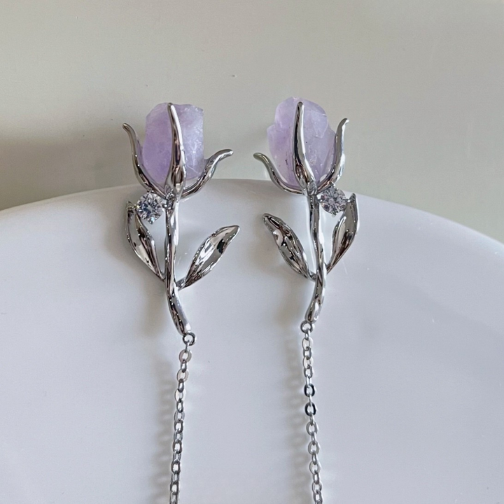 Amethyst Rose Drop Earrings – Silver Floral Asymmetrical Studs