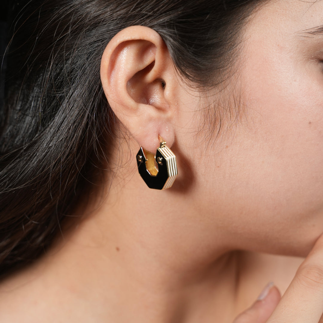 Black & Gold Octagon Hoop Earrings – Modern Geometric Statement