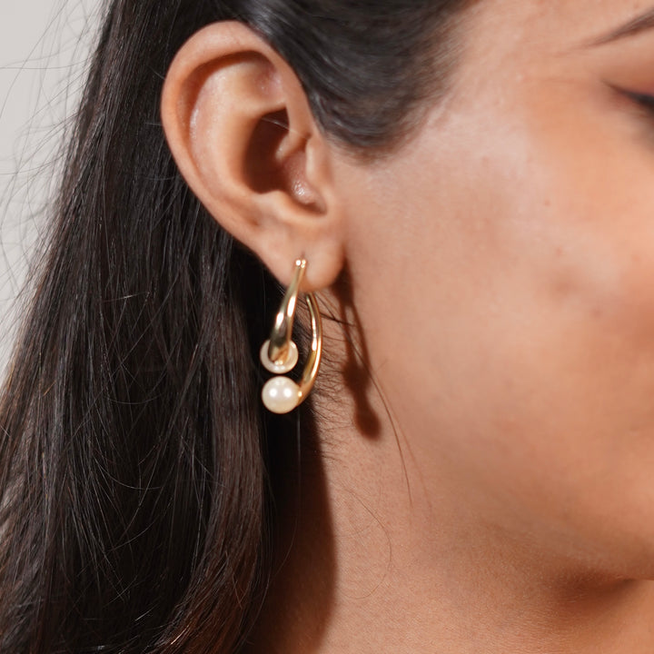 Sculpted Gold Teardrop Pearl Hoop Earrings