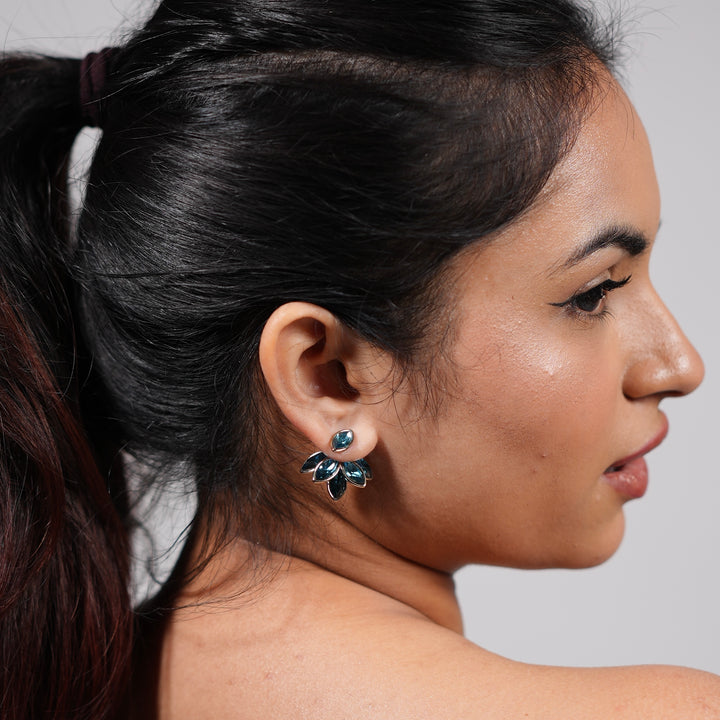 Crystal Leaf Cluster Stud Earrings – Gold Bloom Design in Blue & Silver