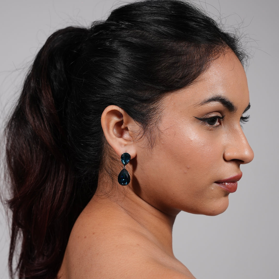 Double Teardrop Crystal Earrings – Elegant Drop Studs in Blue, Pink & Clear