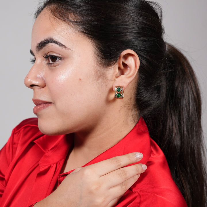 Bold Emerald Double Stone Gold Huggie Hoop Earrings