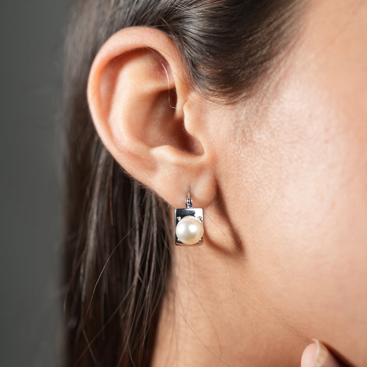 Modern Pearl Drop Square Hoop Earrings