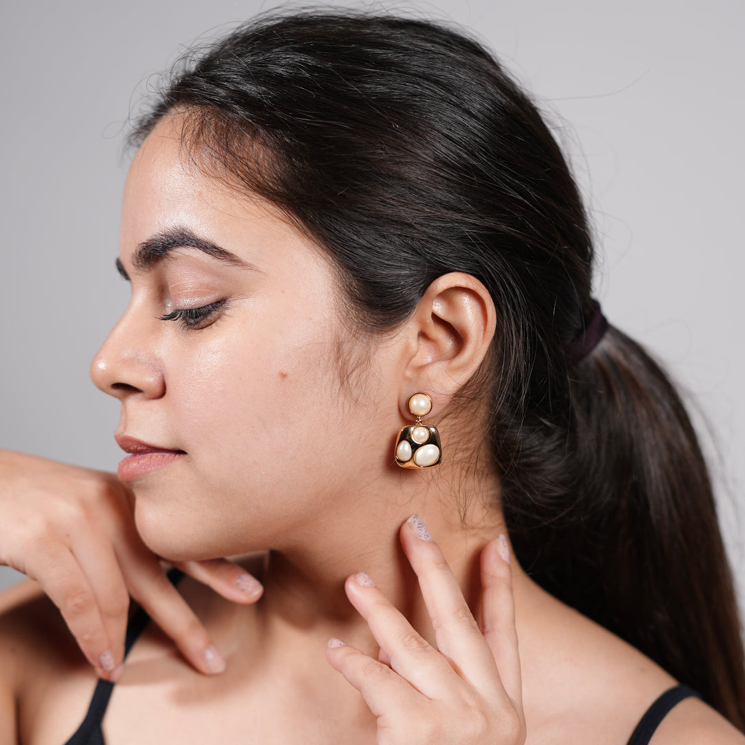 Molten Pearl Art Earrings – Sculpted Gold Drop Studs