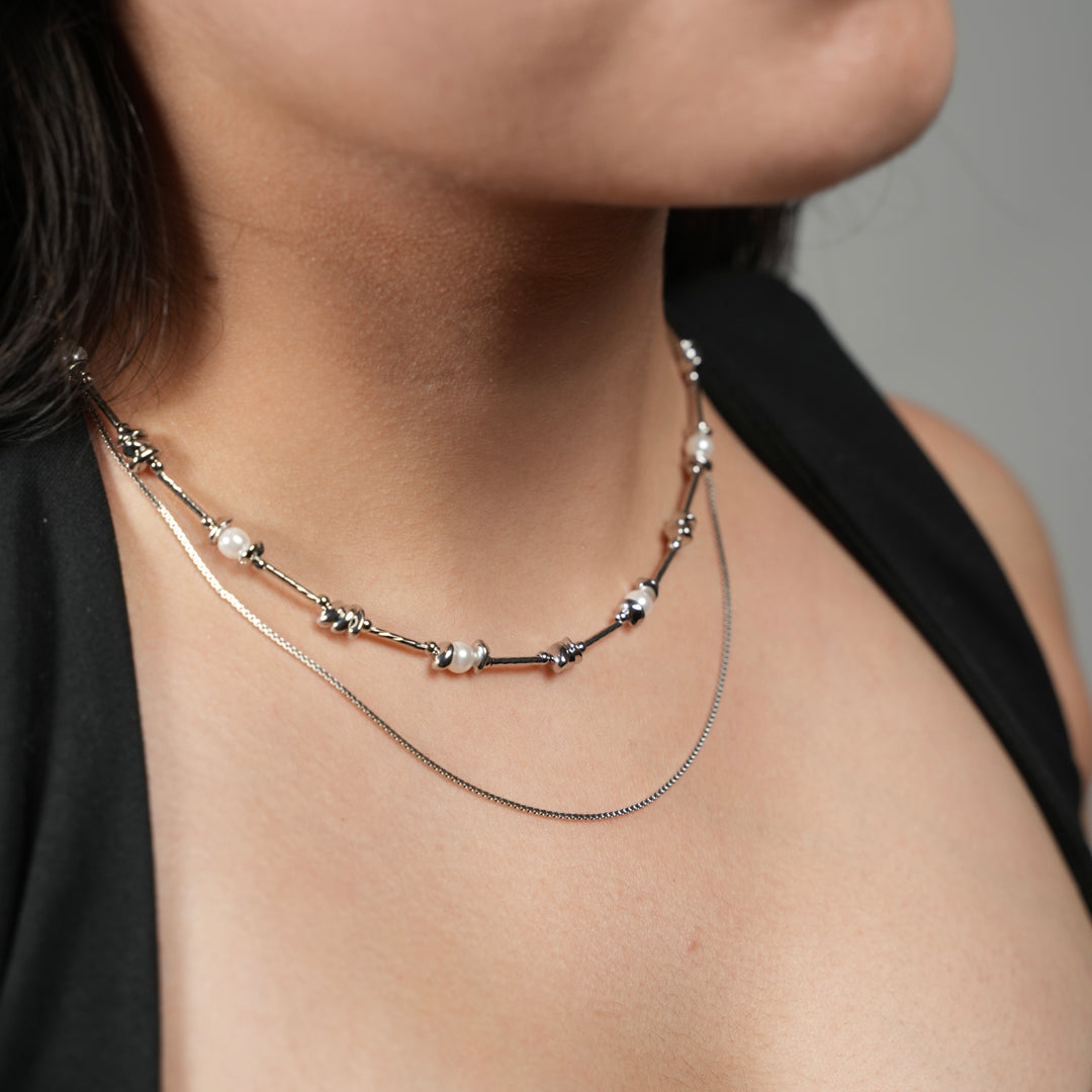Layered Silver Pearl Necklace – Double Chain with Knot Details