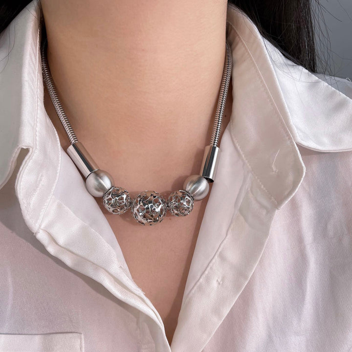 Statement Sculptural Silver-Tone Bead Choker Necklace