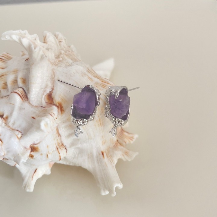 Raw Crystal Drop Earrings – Silver with Lavender Stone & Teardrop Accent