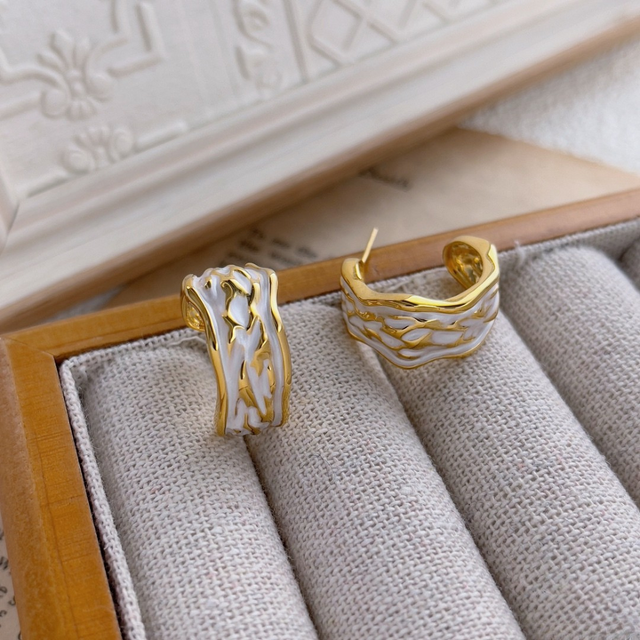 Molten White Enamel Gold Hoop Earrings