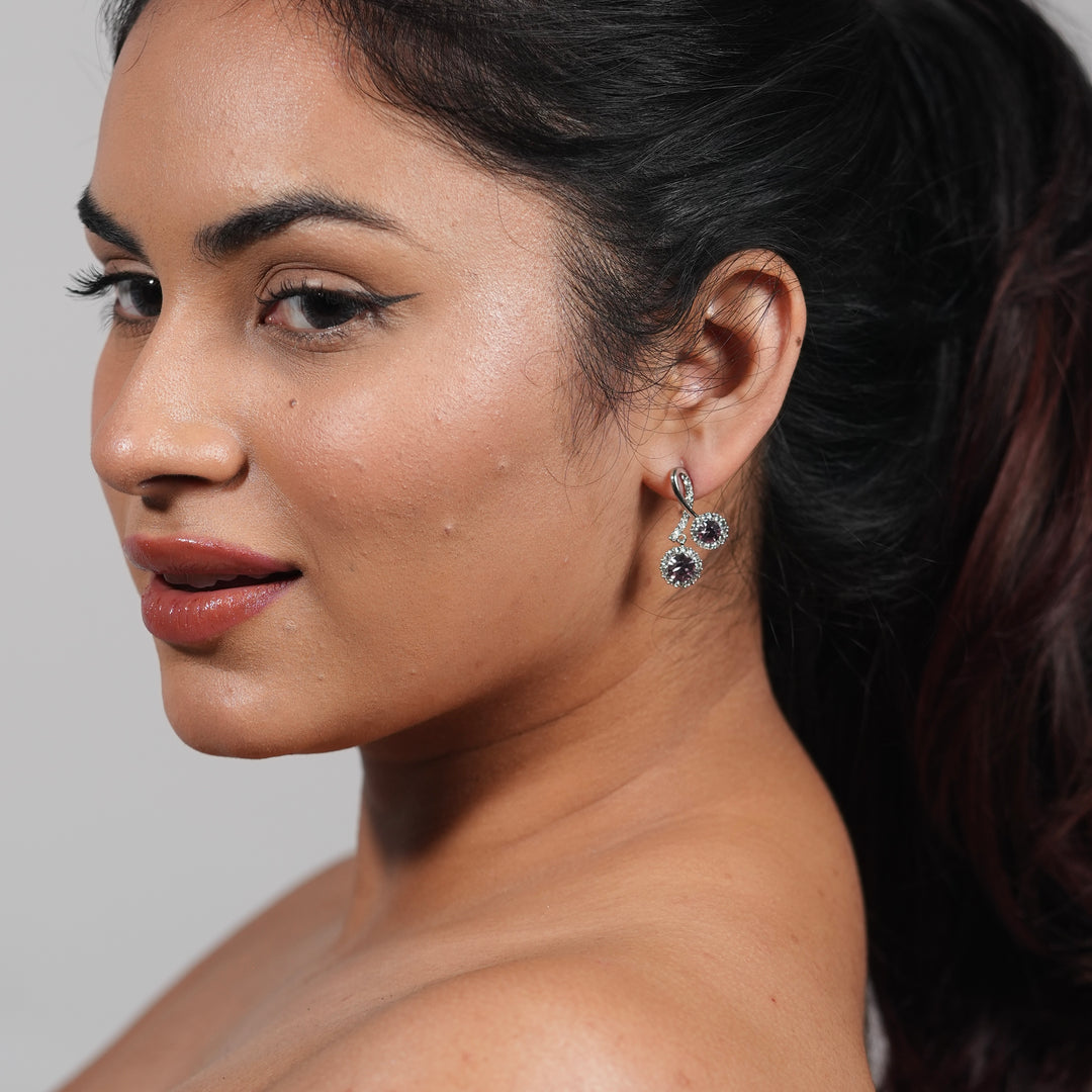 Pink Crystal Drop Earrings – Silver Loop Halo Studs