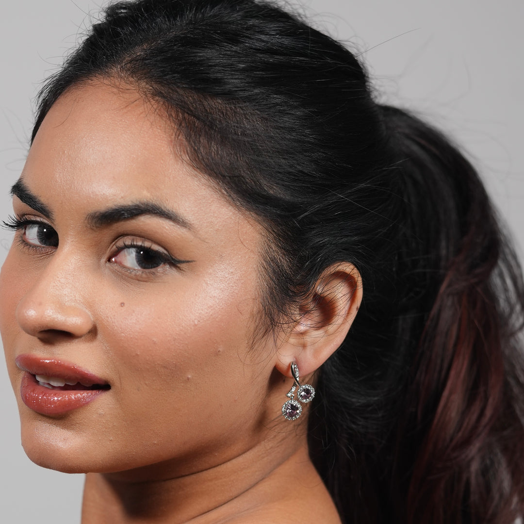 Pink Crystal Drop Earrings – Silver Loop Halo Studs