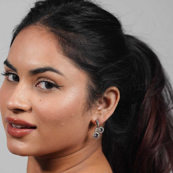 Pink Crystal Drop Earrings – Silver Loop Halo Studs