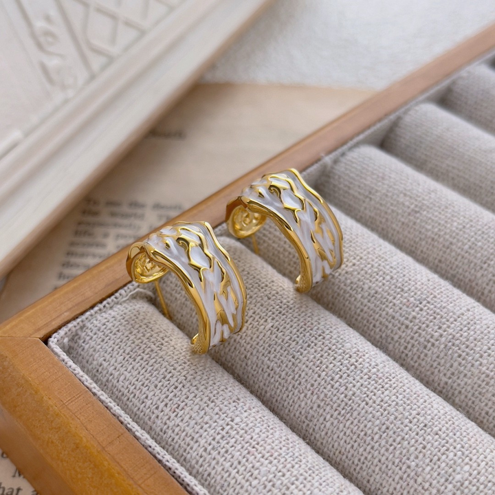 Molten White Enamel Gold Hoop Earrings