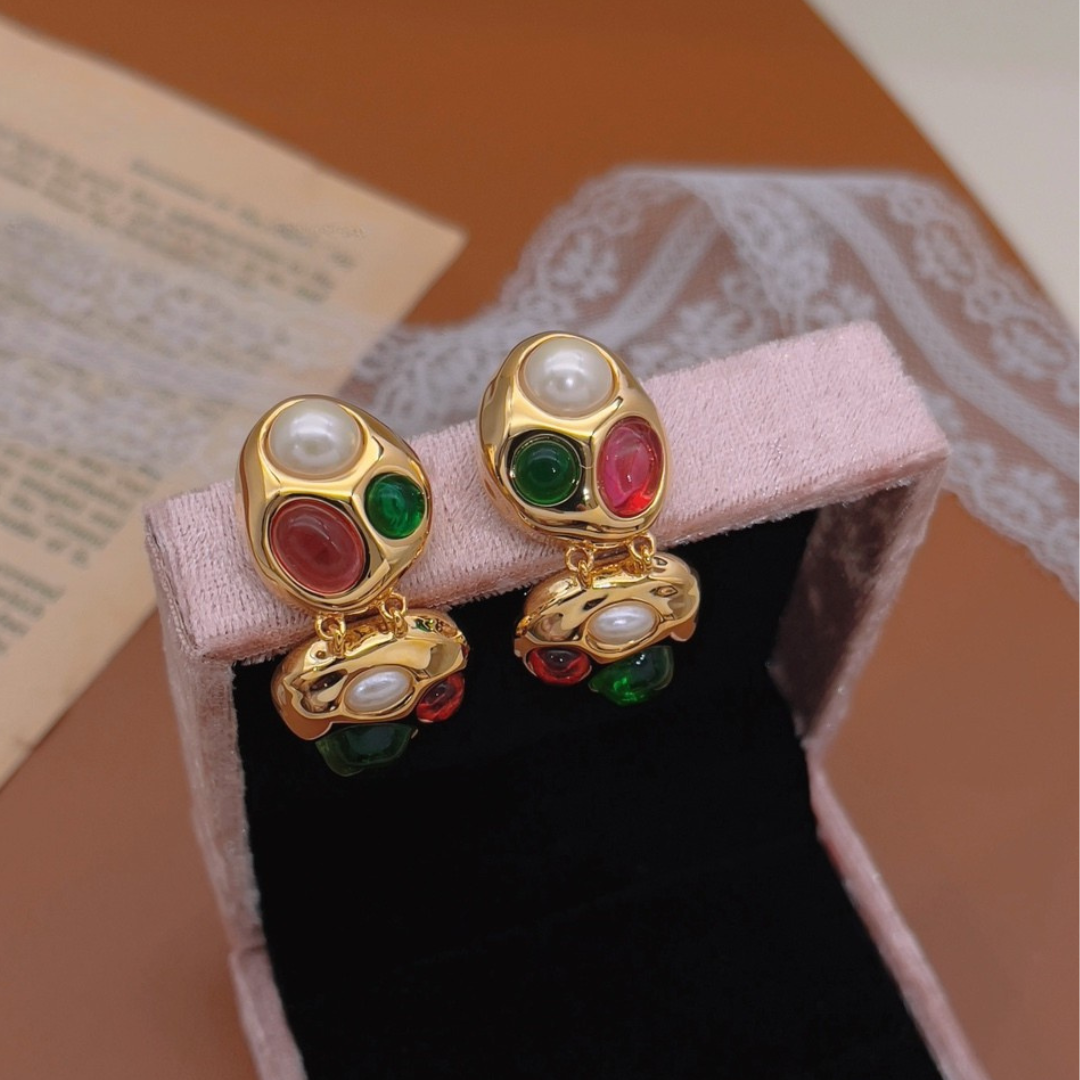 Vintage Jewel Drop Earrings – Colorful Cabochons on Gold