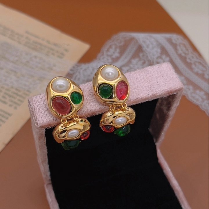 Vintage Jewel Drop Earrings – Colorful Cabochons on Gold