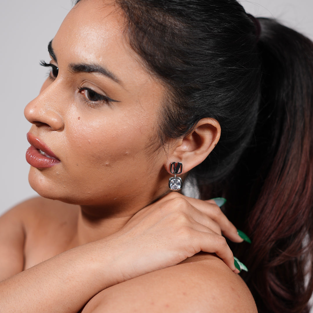 Geometric Drop Crystal Earrings – Gold & Silver Cushion-Cut Statement Studs