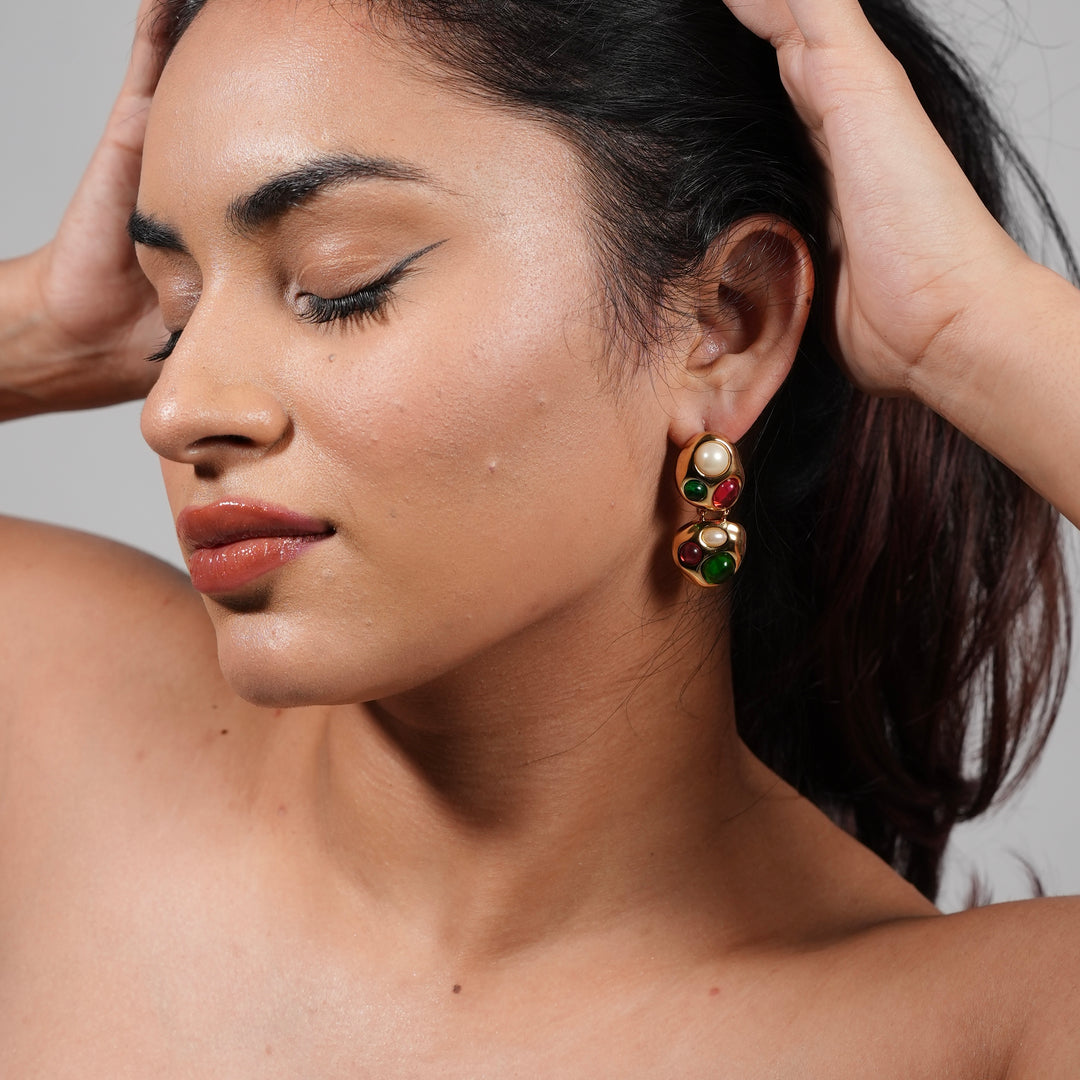 Vintage Jewel Drop Earrings – Colorful Cabochons on Gold
