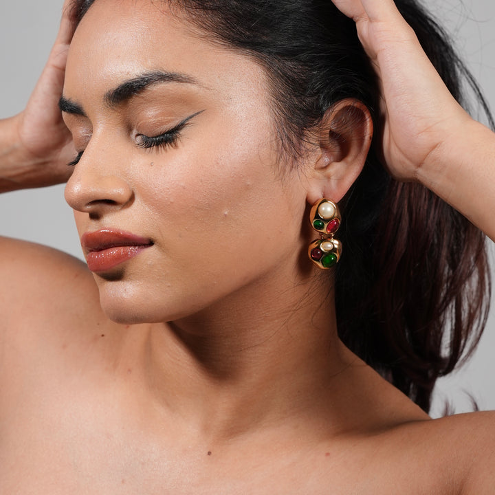 Vintage Jewel Drop Earrings – Colorful Cabochons on Gold