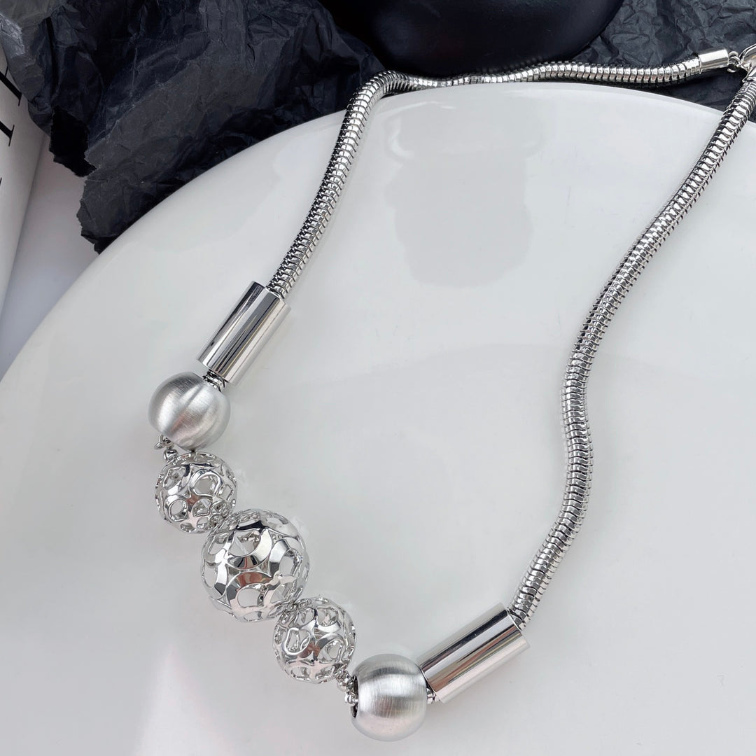 Statement Sculptural Silver-Tone Bead Choker Necklace