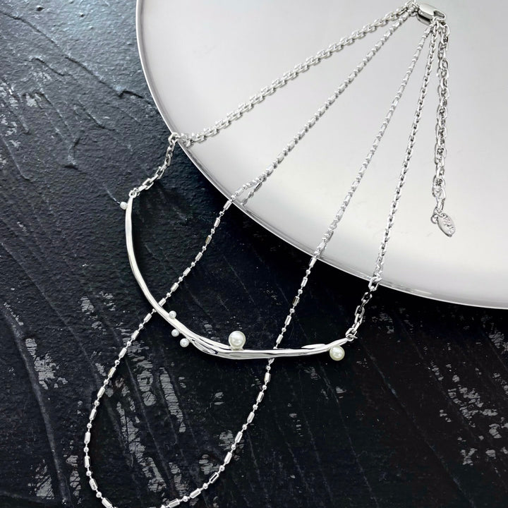 Modern Layered Silver Necklace with Pearl Accents – Adjustable Dual Chain